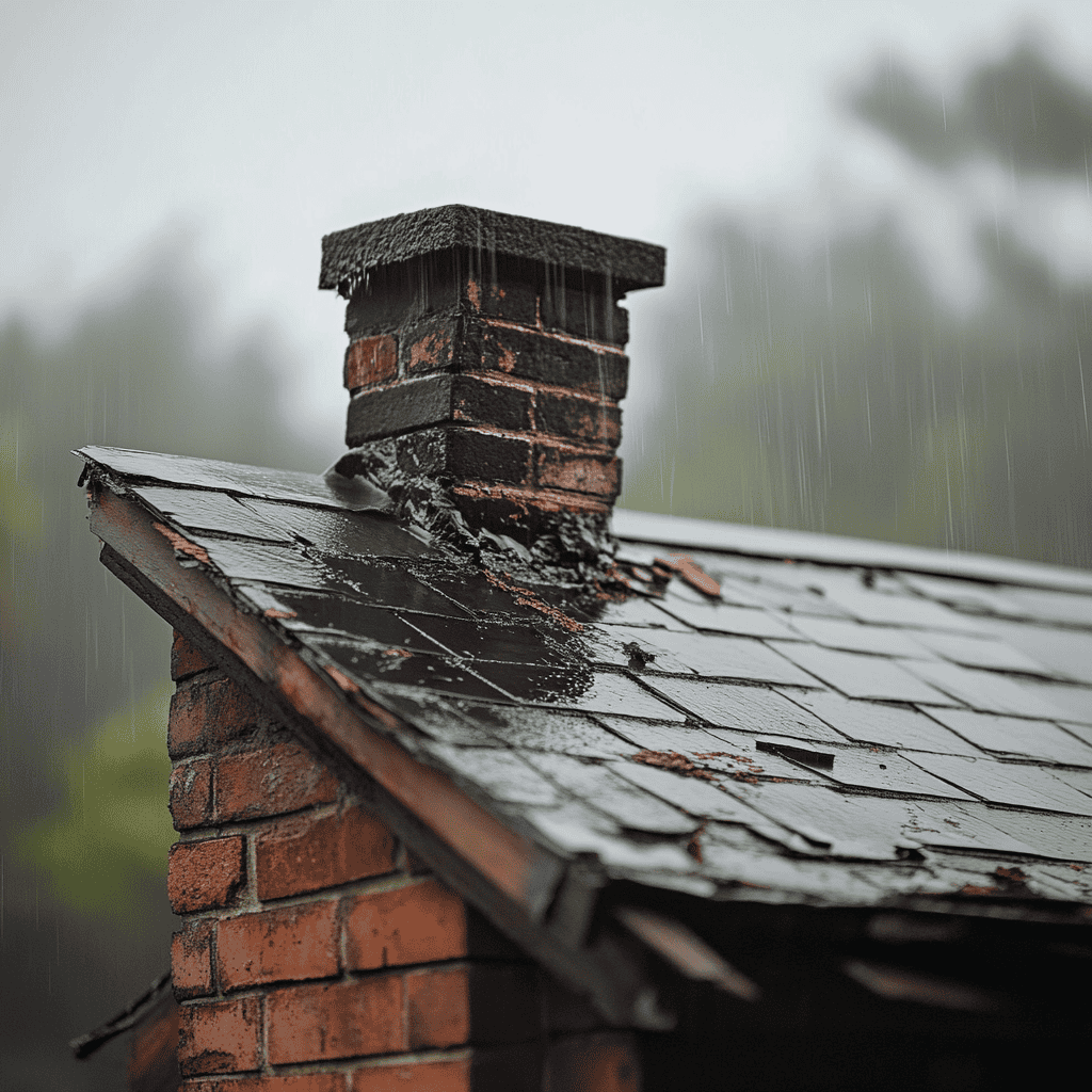 Bakstenen schoorsteen op verweerd schuin dak met natte dakbedekking tijdens regenbui