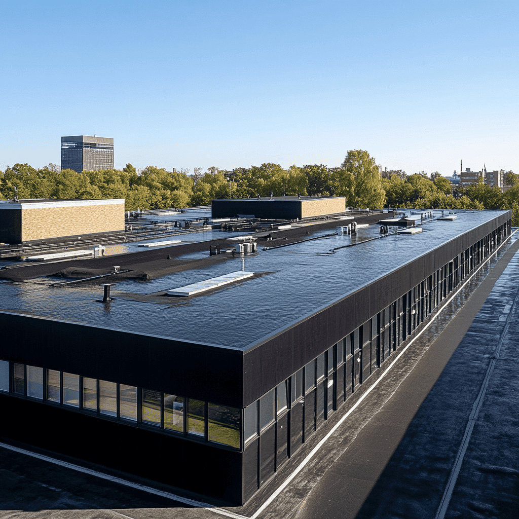 Plat dak van modern kantoorgebouw met waterkerende dakbedekking, bomen en stadszicht