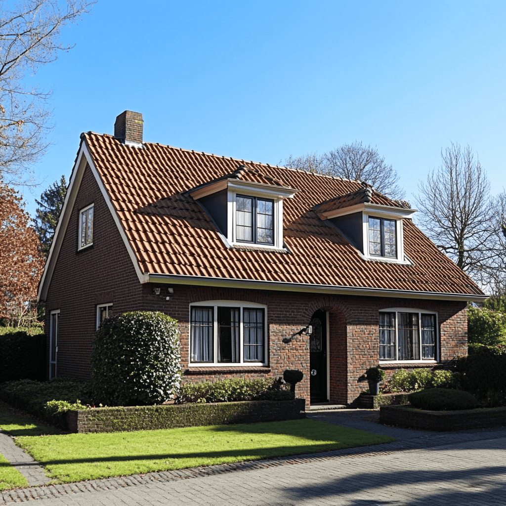 Bakstenen huis met rode dakpannen, witte dakkapellen en onderhouden voortuin