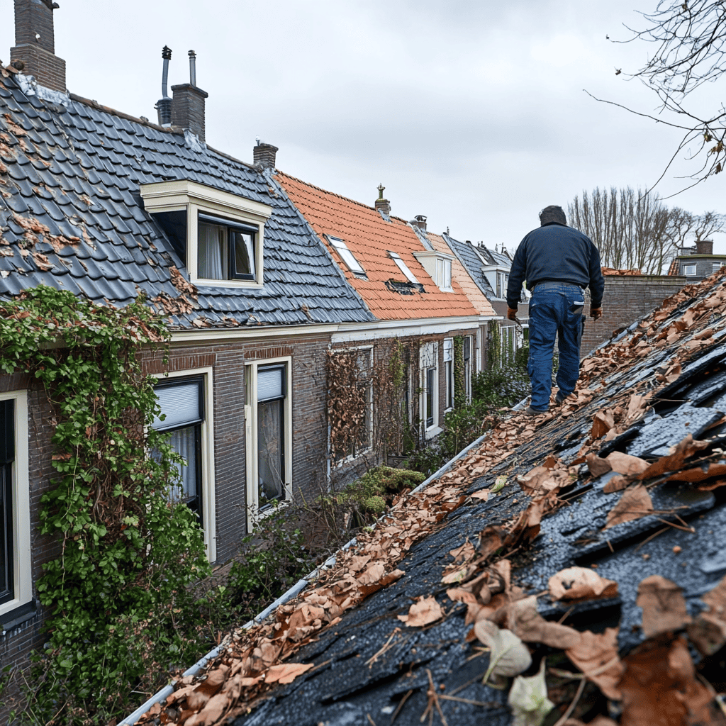Man op dak veegt herfstbladeren van dakpannen van historisch rijtjeshuis