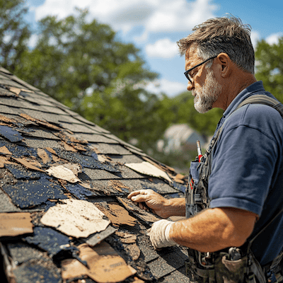 Ervaren dakdekker verwijdert oude dakshingles tijdens reparatie op pannendak