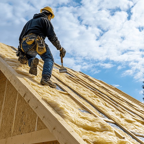 Dakwerker plaatst glaswolisolatie en houten latten op schuine dakconstructie met beitel