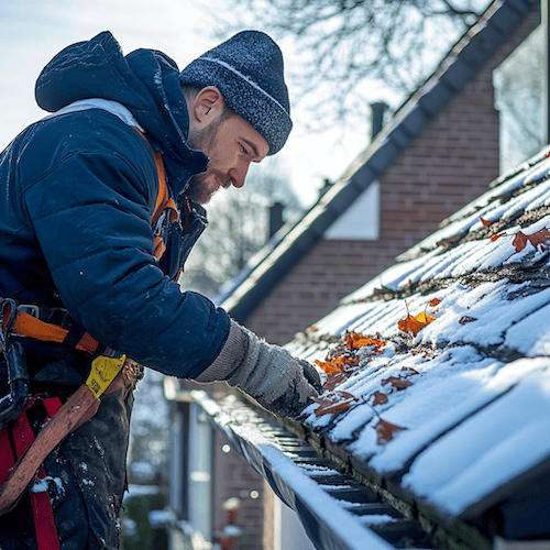 Vakman met winterkleding en valbeveiliging reinigt sneeuw en bladeren uit dakgoot