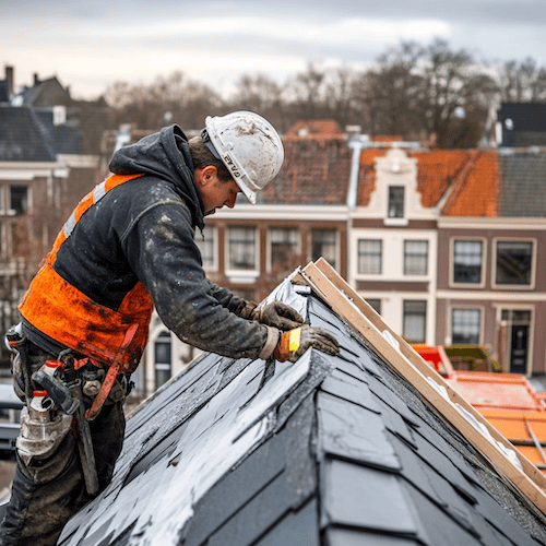 Bouwvakker installeert dakpannen op nieuw dak met achtergrond van huizen