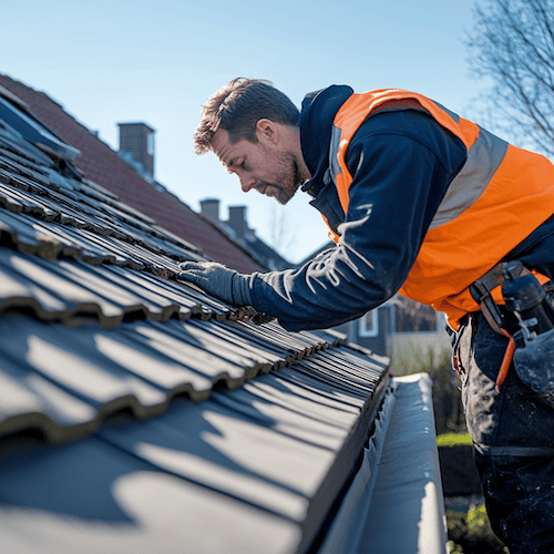 Ervaren dakdekker plaatst dakpannen op woning onder heldere blauwe lucht