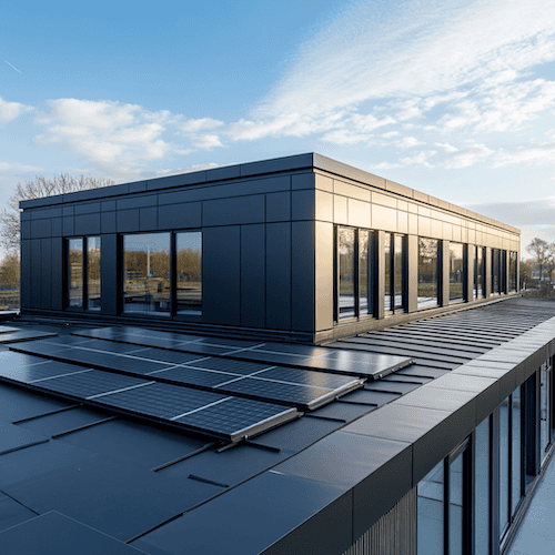 Modern zwart kantoorgebouw met zonnepanelen op het dak in helder ochtendlicht