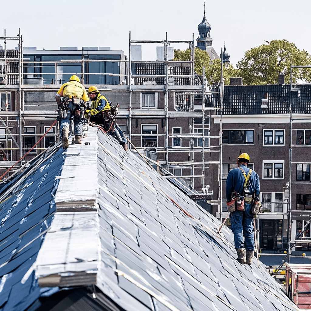 Dakdekkers op steiger werken aan dakrenovatie met valbeveiliging, stadsgezicht op achtergrond