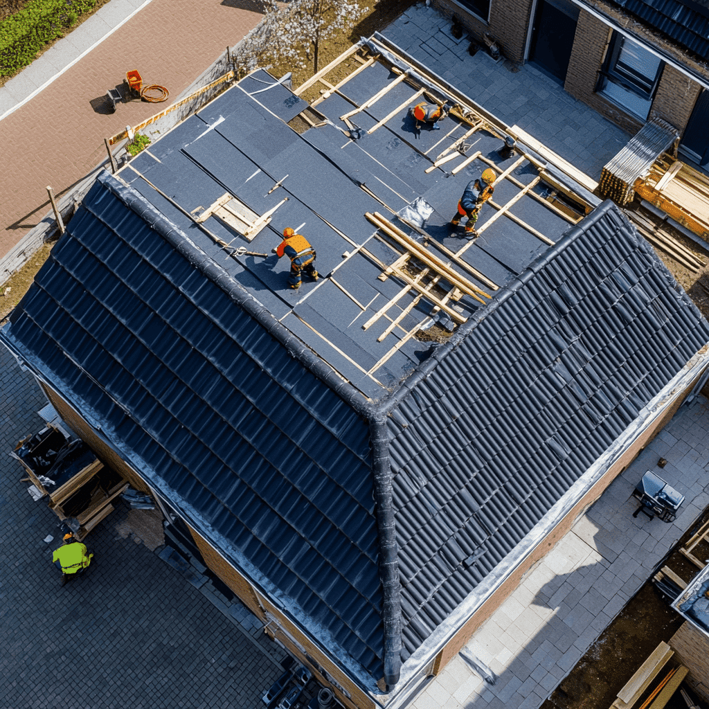 Luchtfoto van dakrenovatie: dakdekkers plaatsen houten latten, onderlaag en nieuwe dakpannen