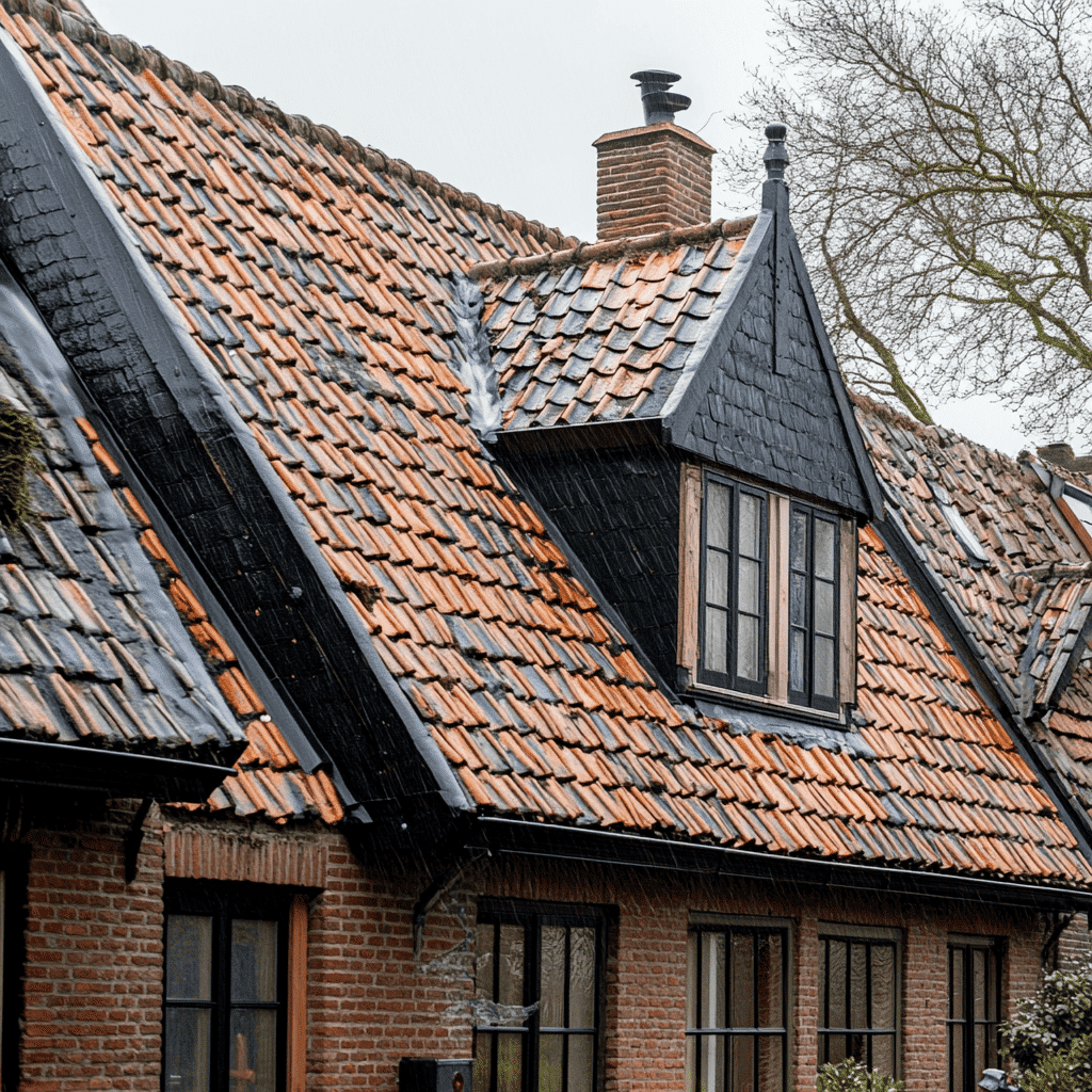Oud bakstenen woonhuis met oranje dakpannen, dakkapel, schoorsteen en regenbui
