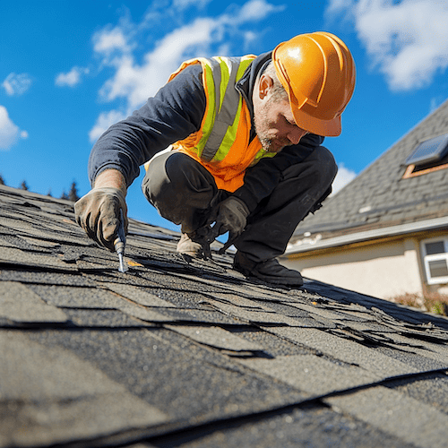 Dakdekker repareert bitumen dakshingles met schroevendraaier, draagt helm en veiligheidsvest