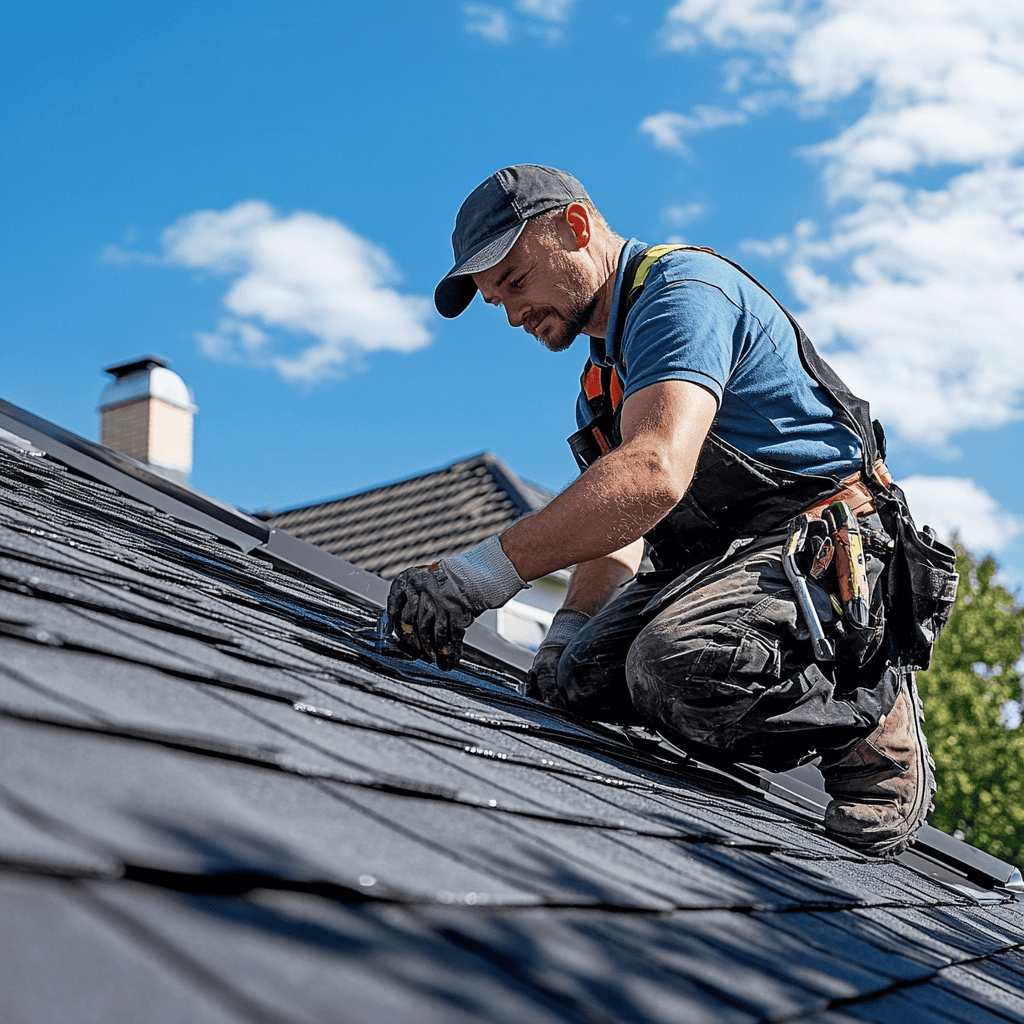 Dakdekker monteert dakshingles op schuin dak tijdens professionele dakreparatie