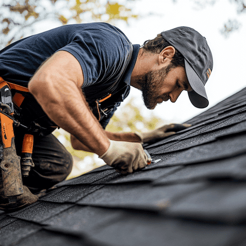 Professionele dakdekker installeert dakshingles met gereedschap op hellend dak