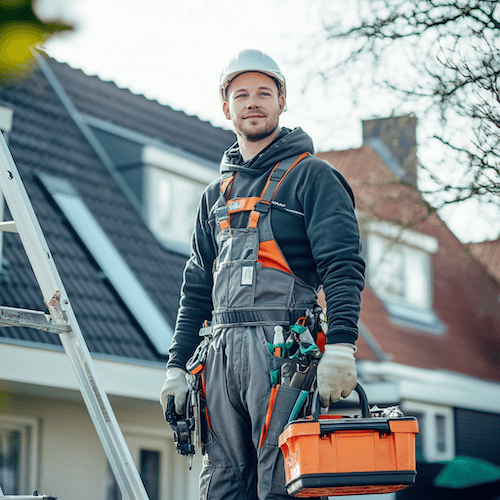 Dakdekker met helm en gereedschapskist inspecteert dak van moderne woning
