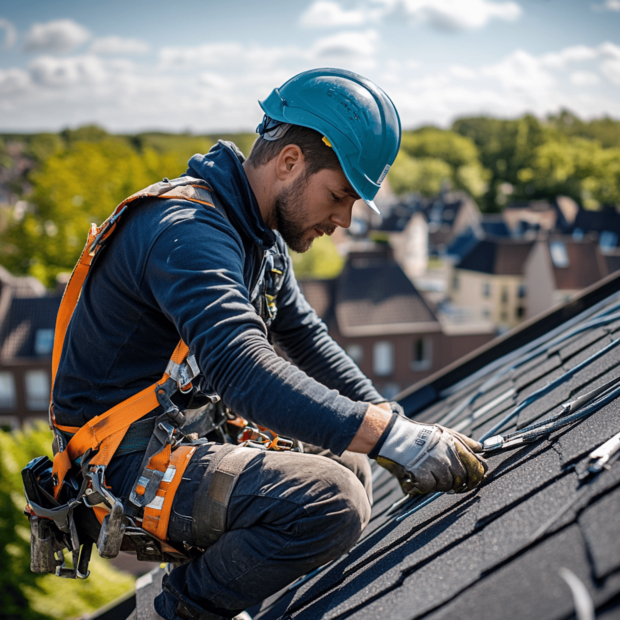 Dakdekker met veiligheidsharnas en helm plaatst shingles op schuin dak