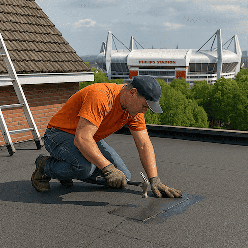 Dakdekker repareert plat dak met hamer, zicht op Philips Stadion in Eindhoven