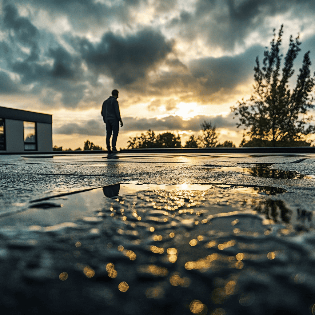 Silhouet van man op nat dak bij zonsondergang met glinsterende waterplassen