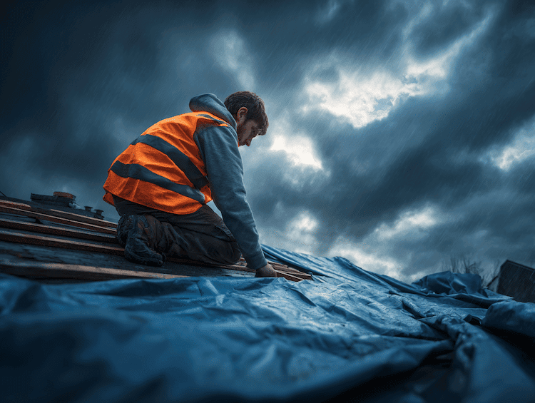 Dakwerker met oranje veiligheidsvest bevestigt blauw zeil op dak onder dreigende wolken