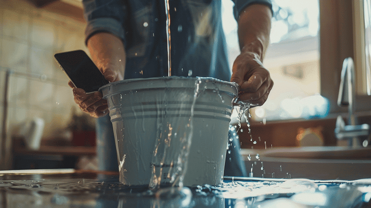Persoon vangt lekkend keukenwater met emmer terwijl hij smartphone vasthoudt