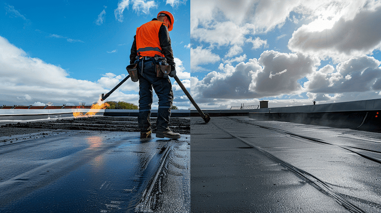 Dakdekker brengt met gasbrander rolbitumen dakbedekking aan op plat dak bij bewolkte lucht