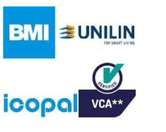 Logo’s van bouwmaterialenmerken BMI, Unilin en Icopal met VCA** certificeringskeurmerk