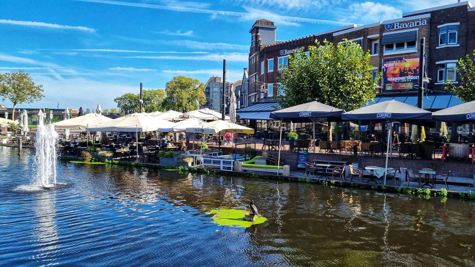 Bavaria café terras aan gracht met parasols, fontein en vogel op eilandje