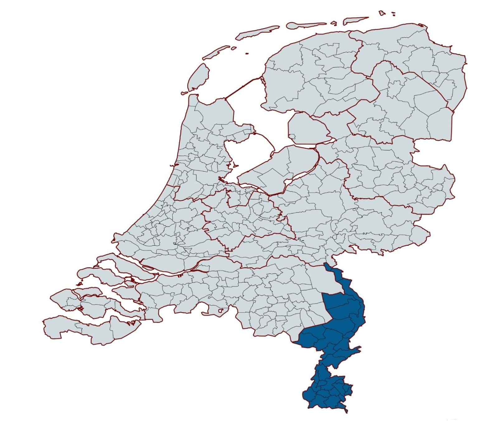 Nederlandse kaart met donkerblauw gemarkeerde gemeenten in Limburg en Zuidoost-Brabant