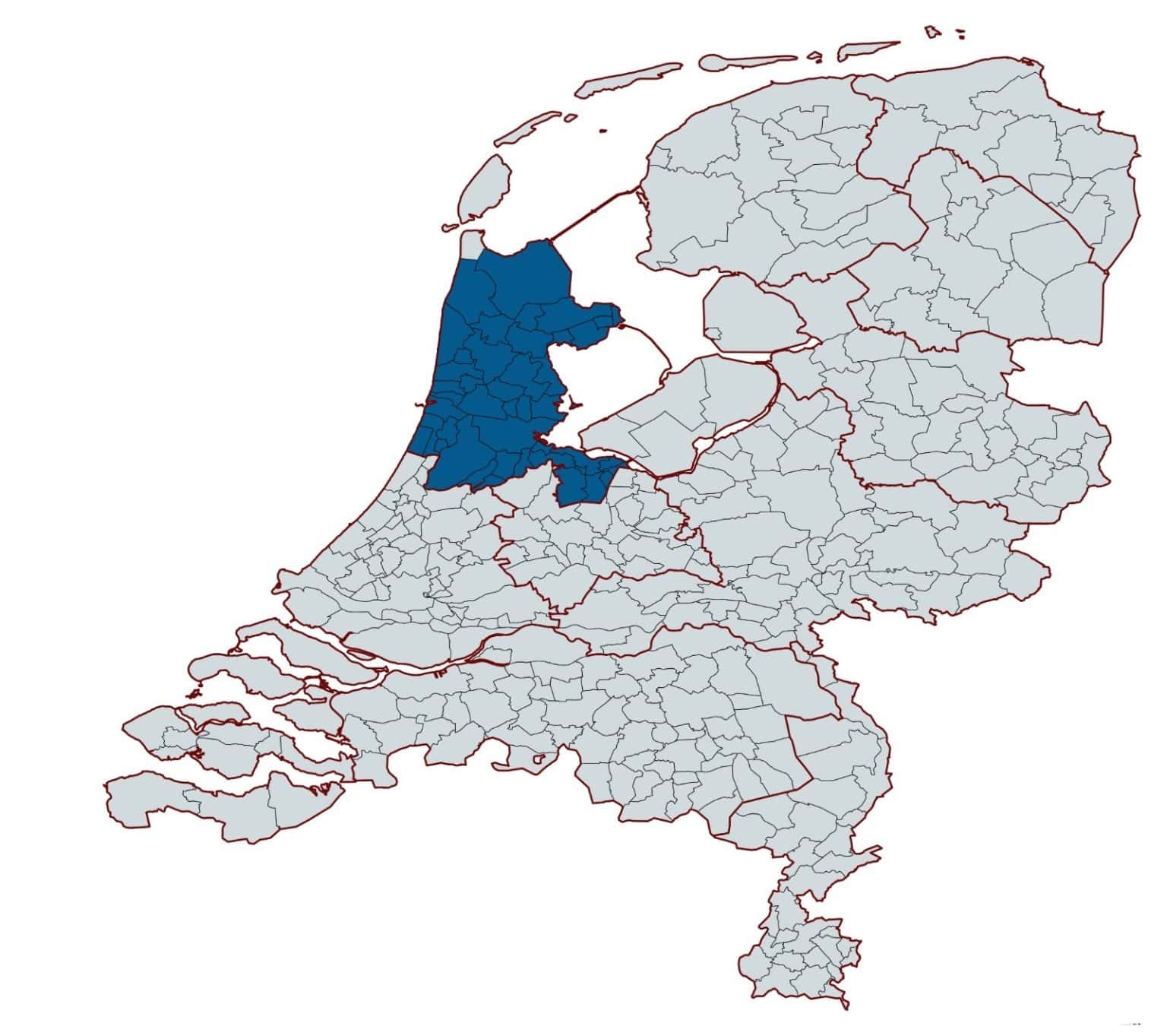 Nederlandse kaart met blauw gemarkeerde provincie Noord-Holland en omliggende gemeenten