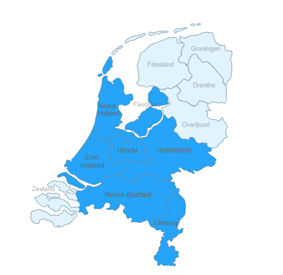 Kaart van Nederland met zeven provincies donkerblauw gemarkeerd ten opzichte van overige provincies