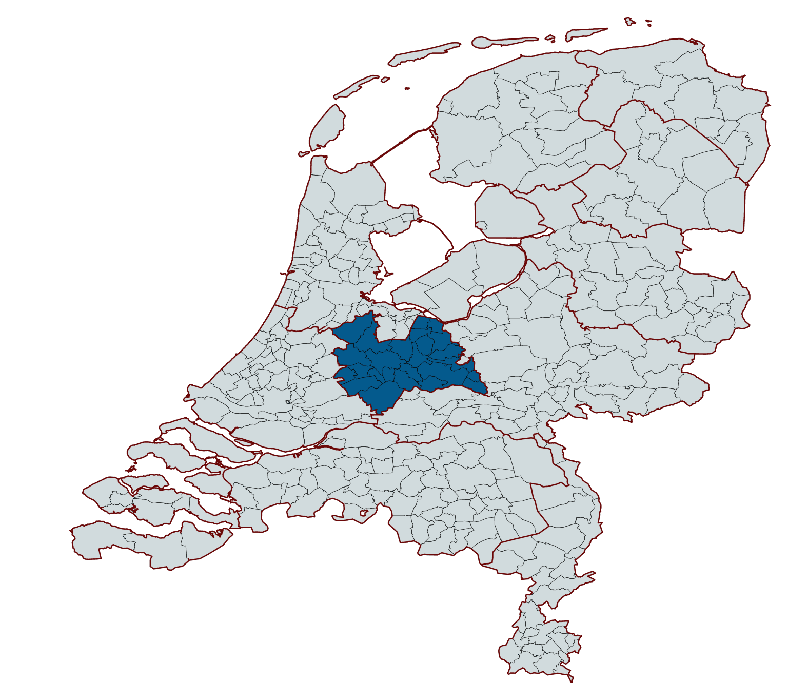 Nederlandse kaart met centraal gemarkeerde regio Utrecht en omliggende gemeenten