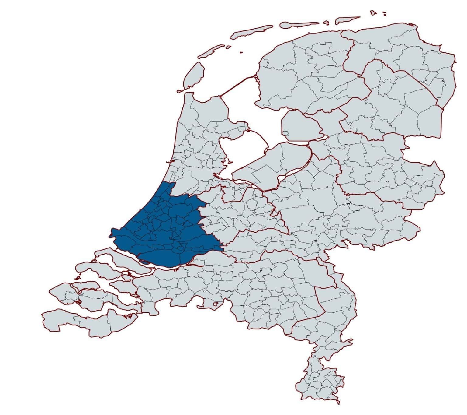 Kaart van Nederland met donkerblauw gemarkeerde Randstadgemeenten in Zuid-Holland en omstreken