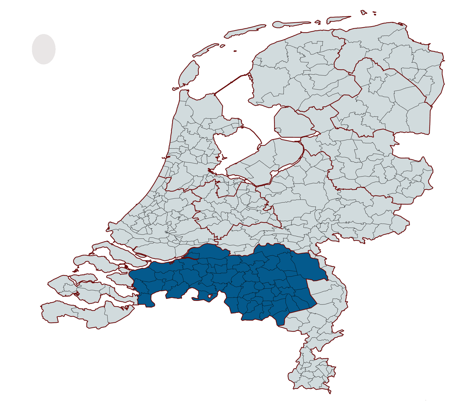 Gedetailleerde kaart van Zeeland, Zuid-Holland en Noord-Brabant met blauw gemarkeerde gemeenten