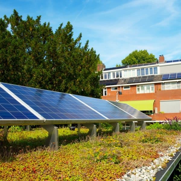 Groendak met zonnepanelen op dak van moderne woning voor duurzame energie